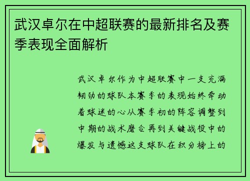 武汉卓尔在中超联赛的最新排名及赛季表现全面解析